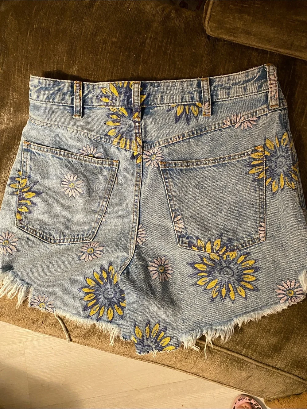 Free People Light Blue Denim Shorts with Yellow & Pink Floral Print